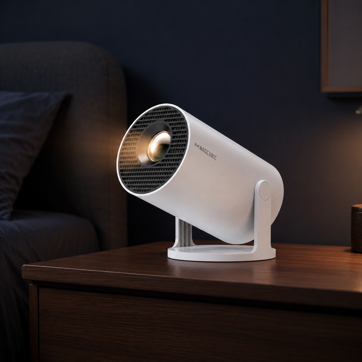 Lumidusk Beam portable projector glowing warm amber on a walnut nightstand in a navy bedroom