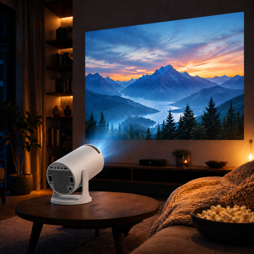 Lumidusk Beam projecting a mountain sunset onto a living room wall at night, seen from behind