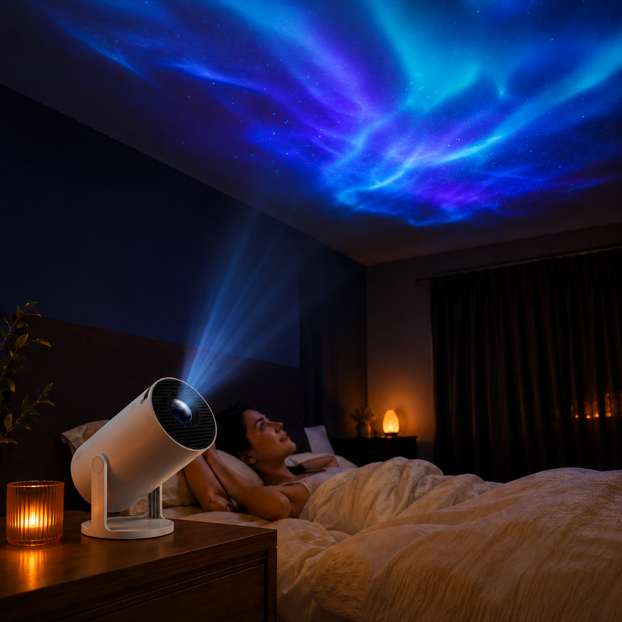 Lumidusk Beam projecting dreamy aurora visuals onto a bedroom ceiling while a person relaxes in bed