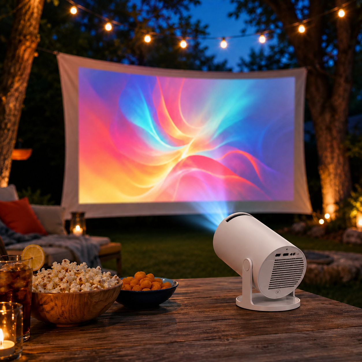 Lumidusk Beam on a backyard table projecting onto an outdoor screen under string lights at dusk