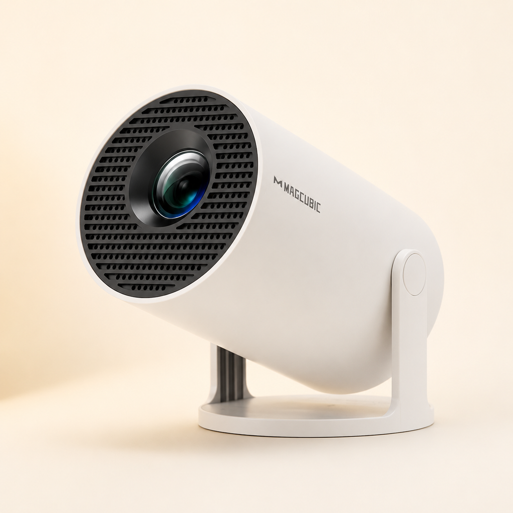 Lumidusk Beam portable cinema projector studio close-up on warm cream background