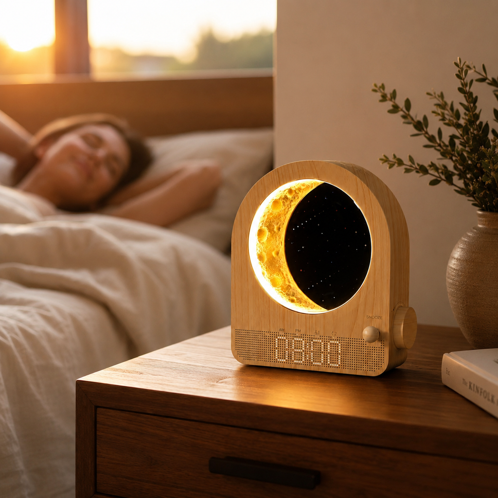 Lumidusk Dawn sunrise alarm clock glowing at dawn while a person wakes up gently in the background
