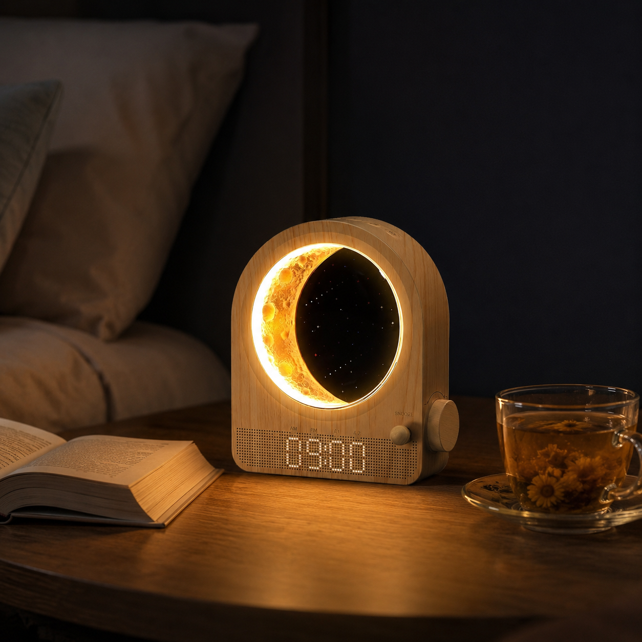 Lumidusk Dawn in moonlight mode next to an open book and herbal tea on a nightstand at night