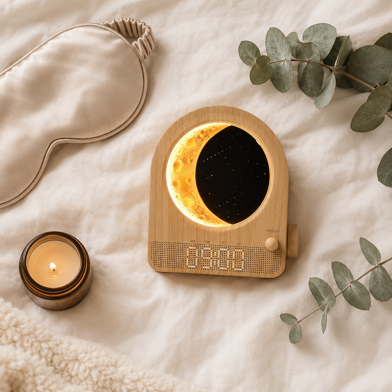 Lumidusk Dawn flatlay on cream linen bedding with sleep mask, candle and eucalyptus