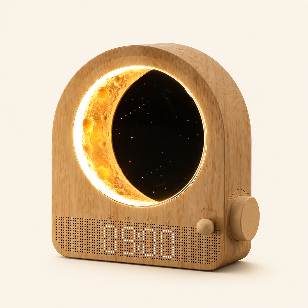 Lumidusk Dawn sunrise alarm clock studio close-up highlighting warm wood texture on cream background