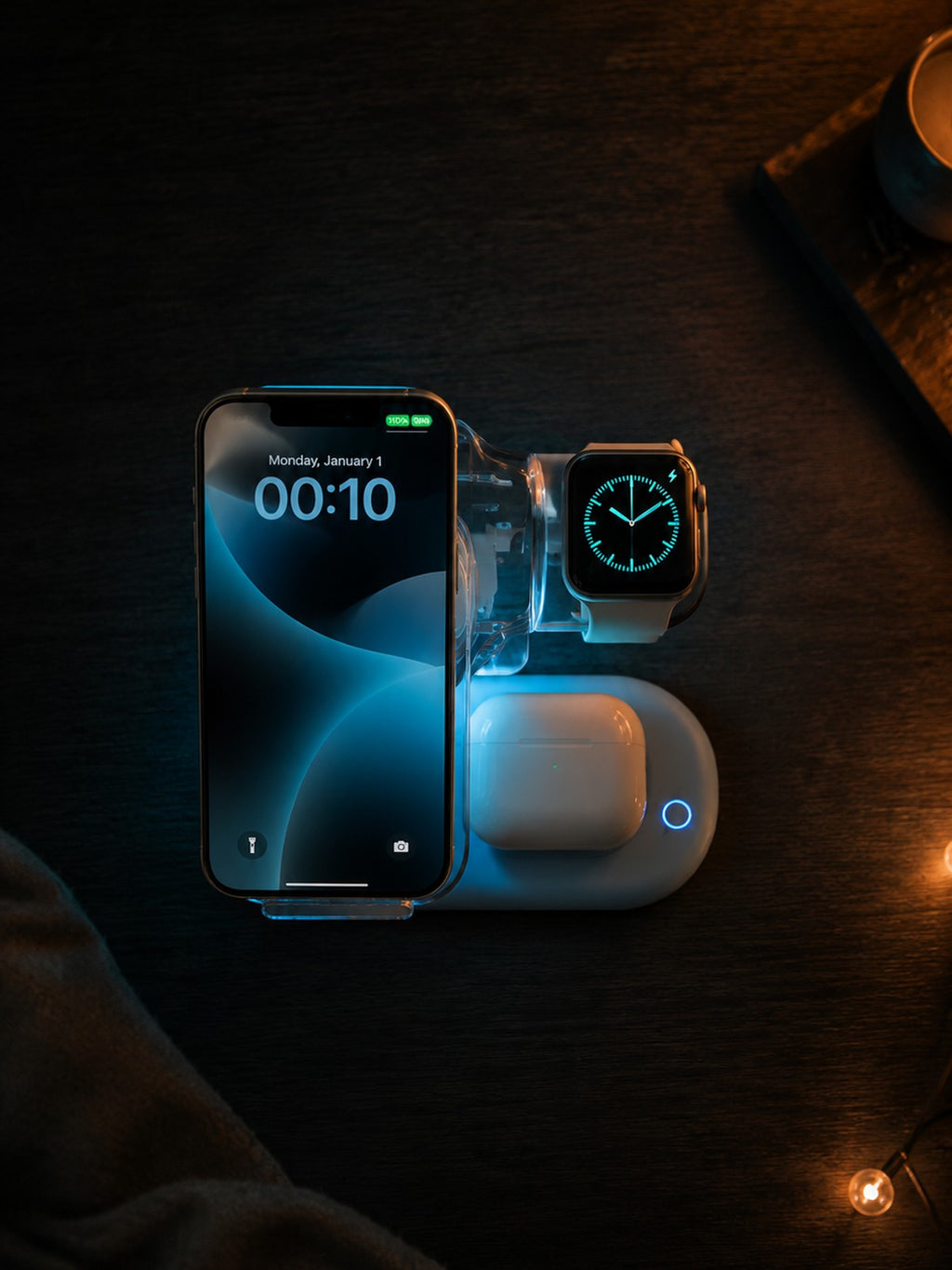 Top-down view of the Lumidusk Halo dock charging iPhone, Apple Watch and AirPods at night