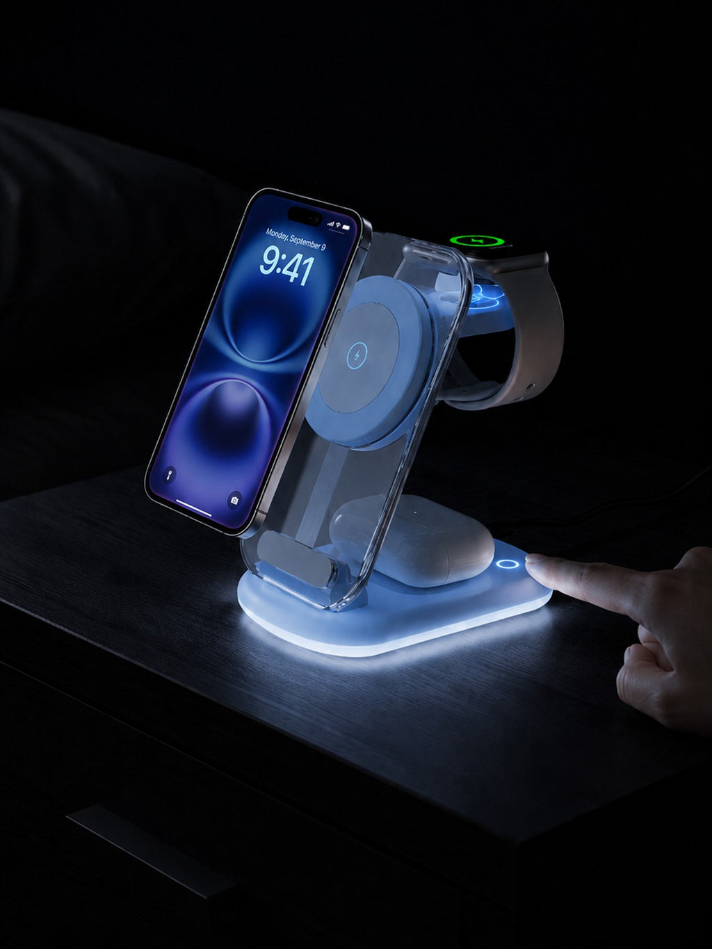 Tapping the Lumidusk Halo base to turn on its ambient night light in a dark bedroom