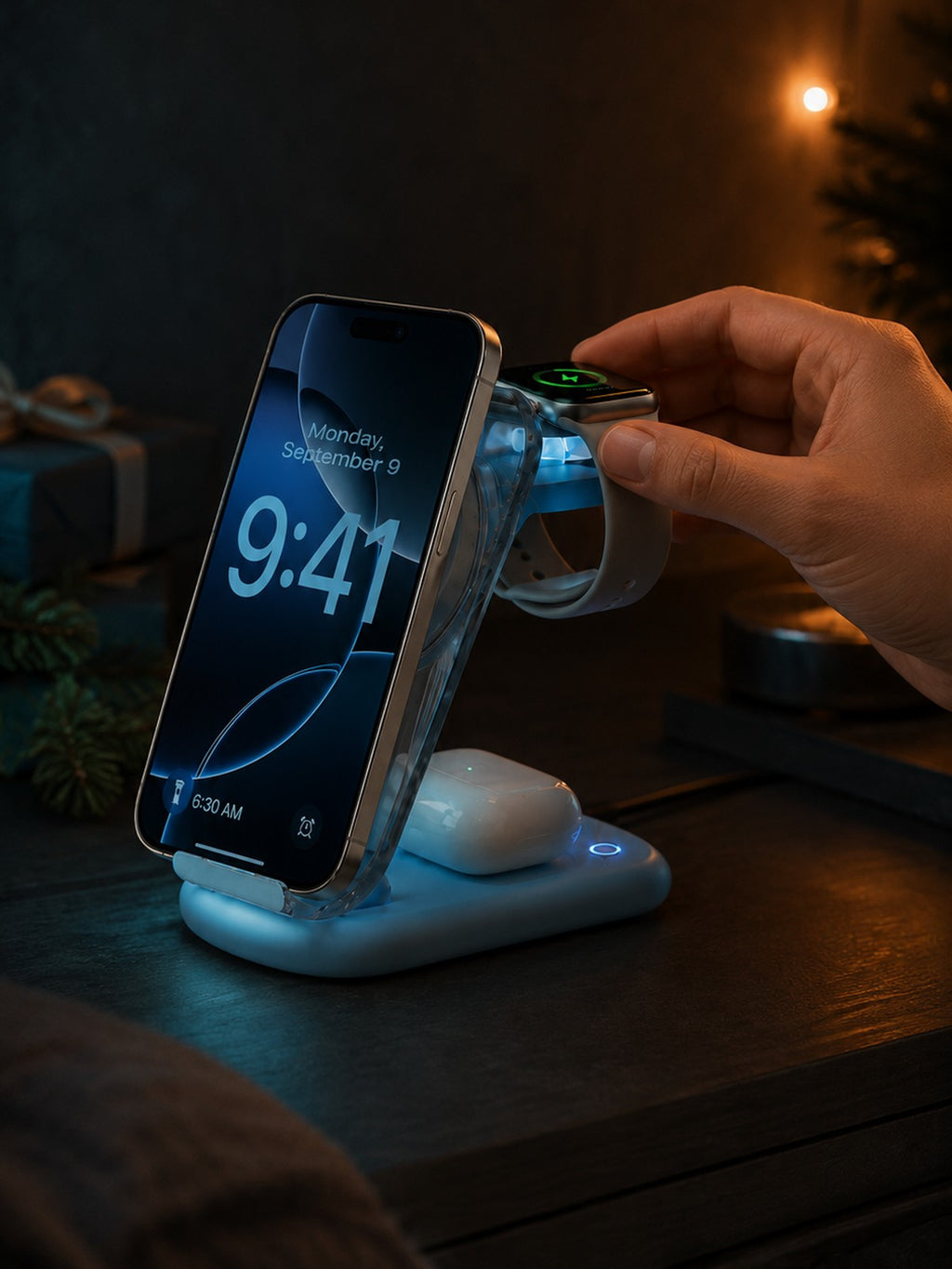 Placing an Apple Watch on the Lumidusk Halo dock, warm cozy gifting scene