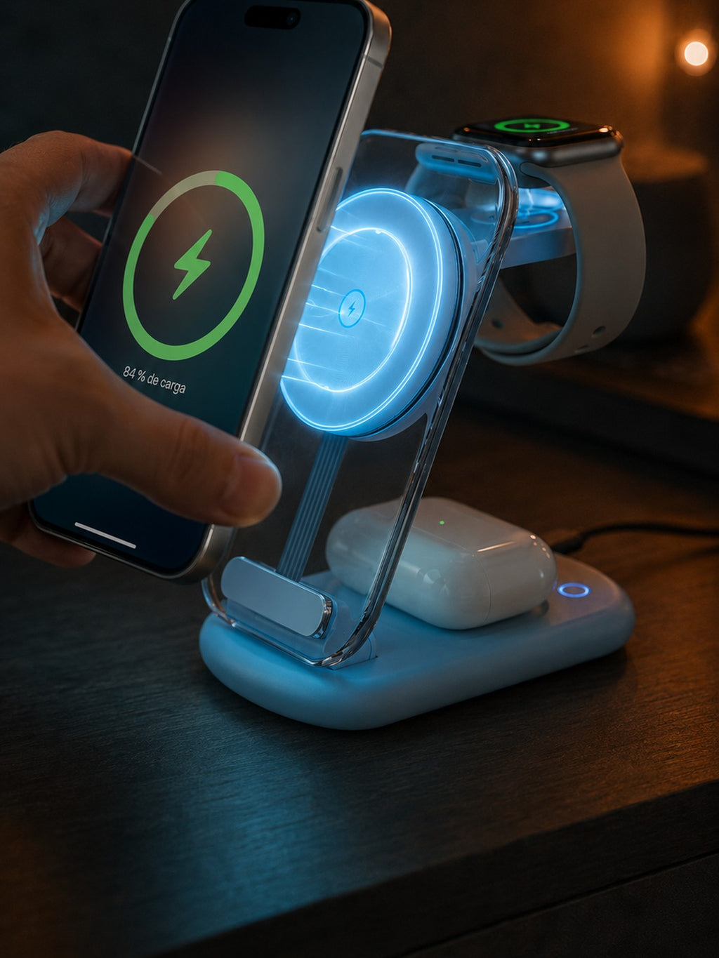 iPhone snapping onto the Lumidusk Halo magnetic MagSafe pad with a blue charging ring