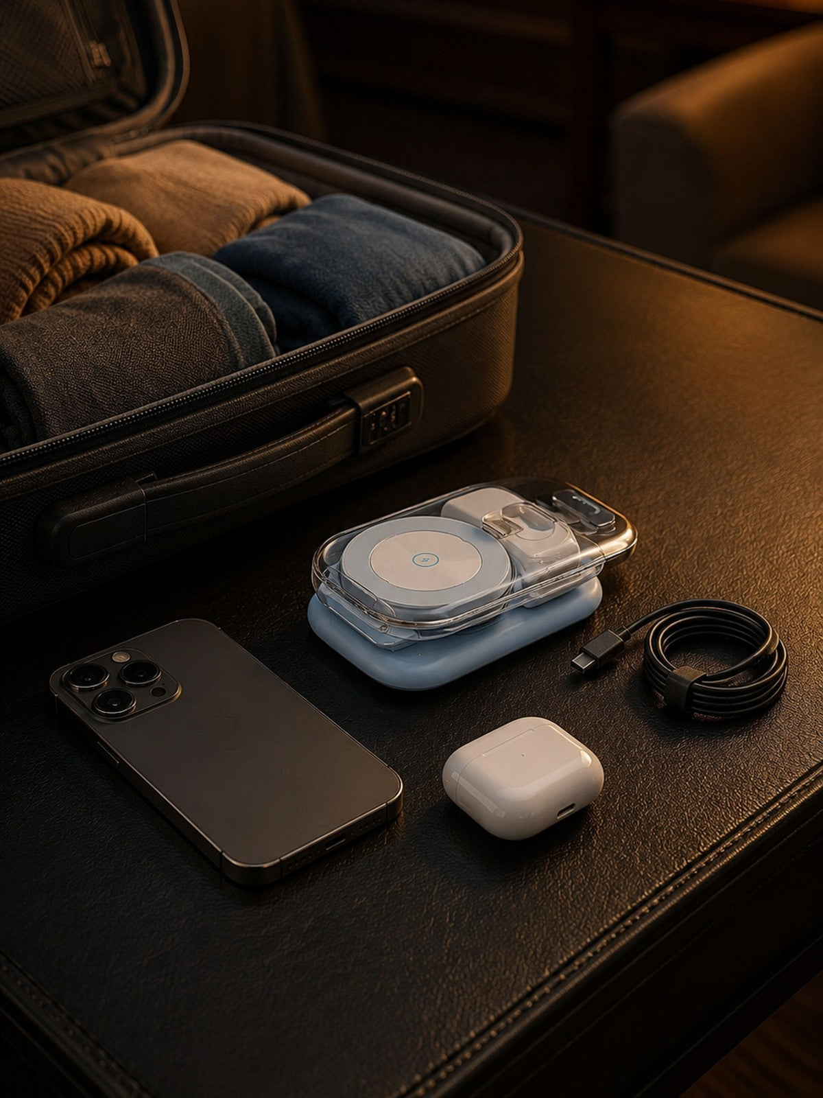 Foldable Lumidusk Halo dock packed flat next to a suitcase, travel-ready