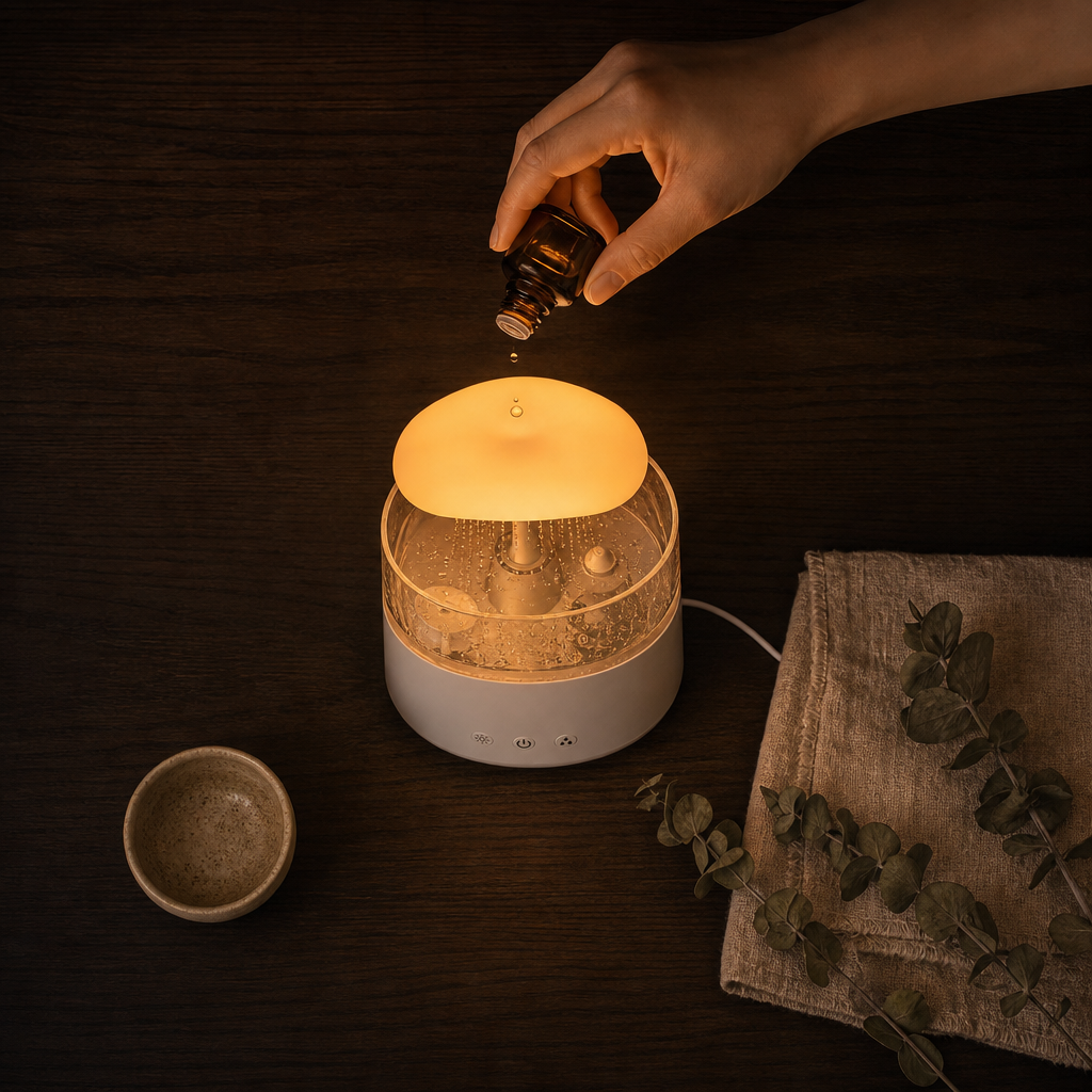 Overhead view of the Lumidusk Rain humidifier on dark wood, two drops of essential oil falling into the amber-lit water beside dried eucalyptus