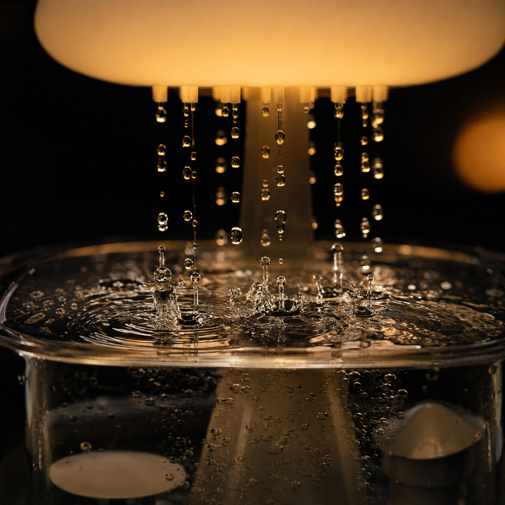 Macro of real water droplets falling from the amber-lit cloud into the tank, crowns and ripples on the water surface