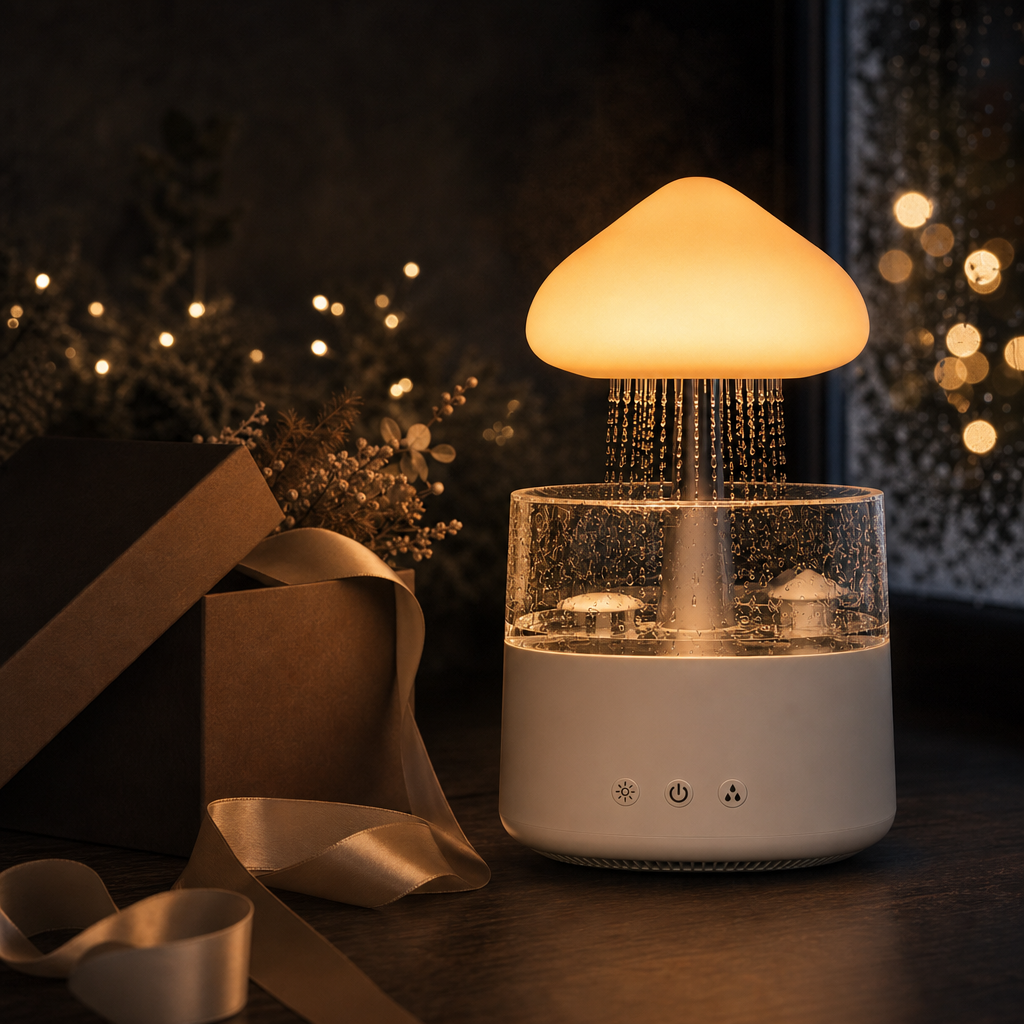 Lumidusk Rain humidifier raining and glowing amber next to an espresso gift box and bone ribbon, warm string lights behind