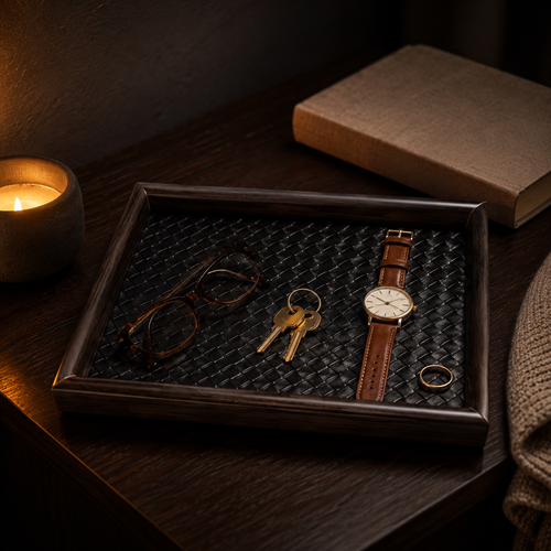 Lumidusk Rest™ — Bedside Valet Tray in Wood & Leather