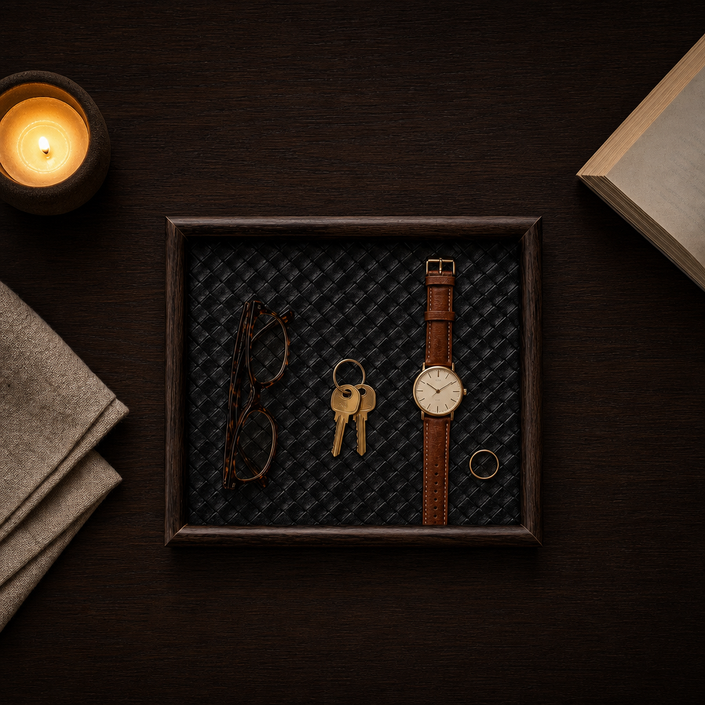 The Lumidusk Rest valet tray on a bedside table at night holding keys, a watch and glasses beside a lit candle