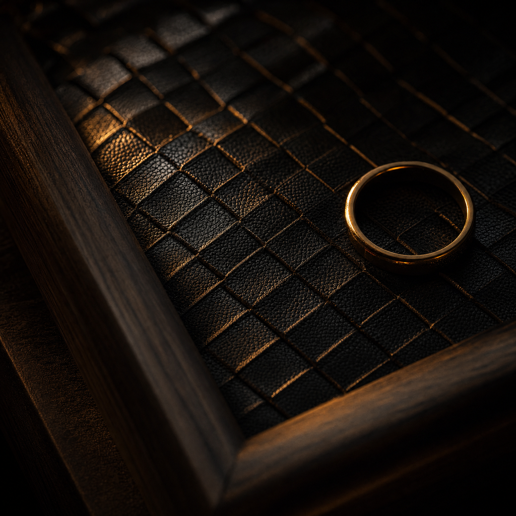 Macro of the woven leather base and dark wood rim of the Lumidusk Rest valet tray, lit warmly by a nearby candle