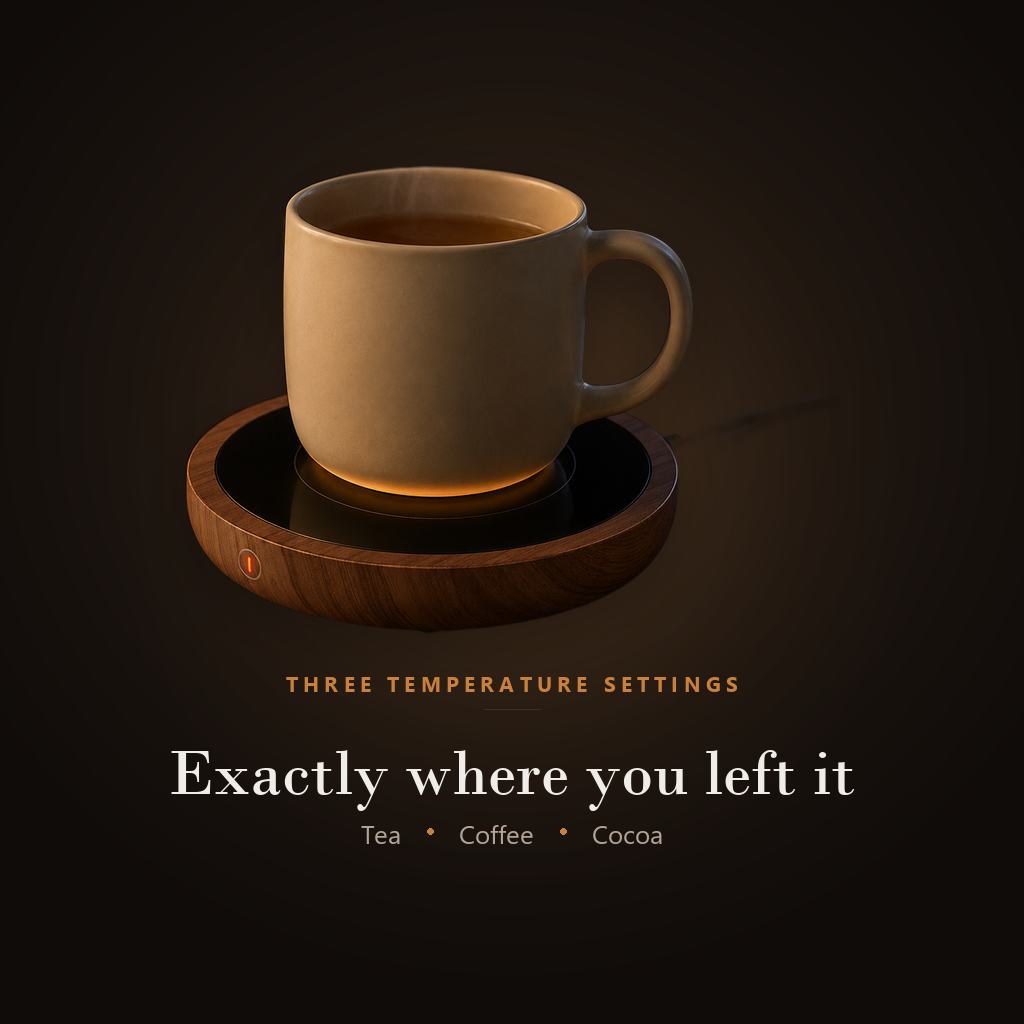 Three temperature settings on the Lumidusk Sip mug warmer: tea, coffee or cocoa, held exactly where you left it