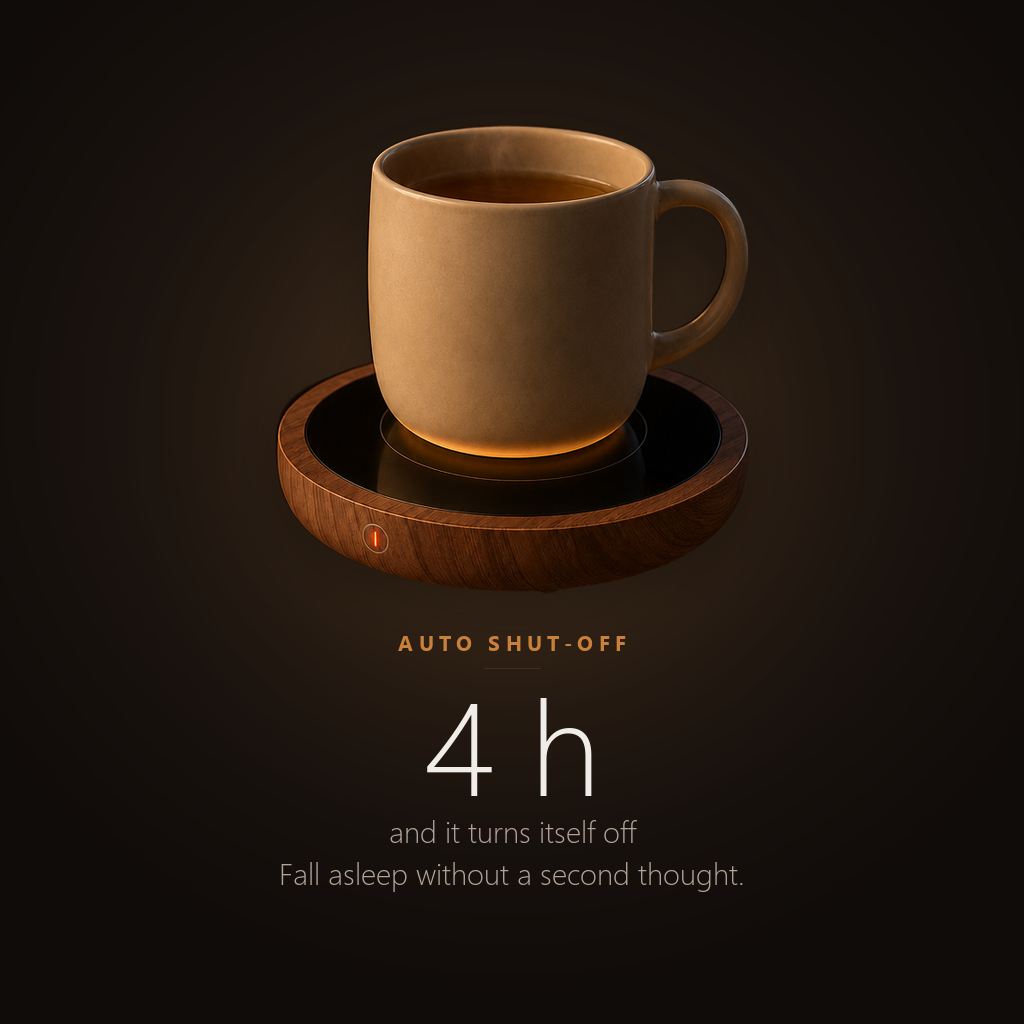 The Lumidusk Sip mug warmer shuts itself off automatically after 4 hours