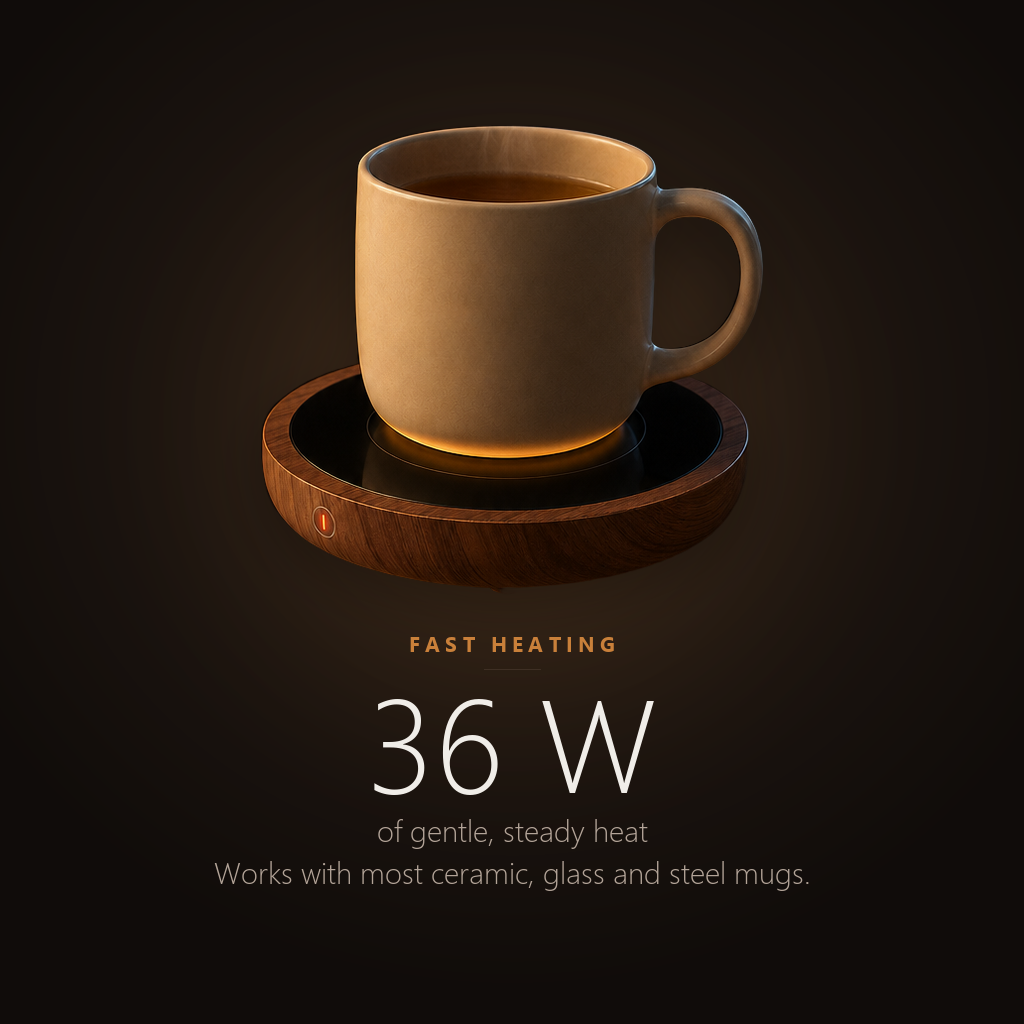 36 watts of gentle steady heat, working with most ceramic, glass and steel mugs