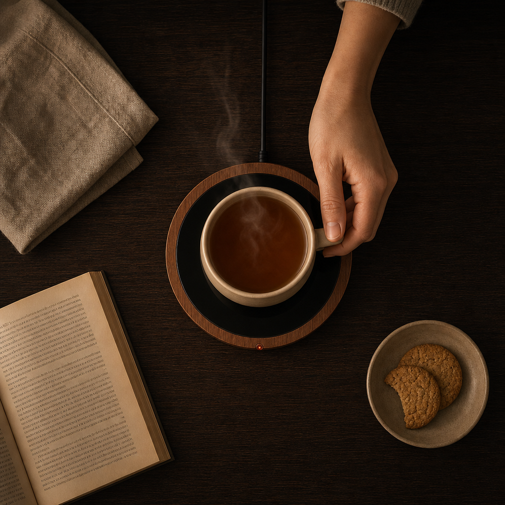 The Lumidusk Sip mug warmer on a dark desk at night beside an open book, keeping a cup of tea warm in candlelight
