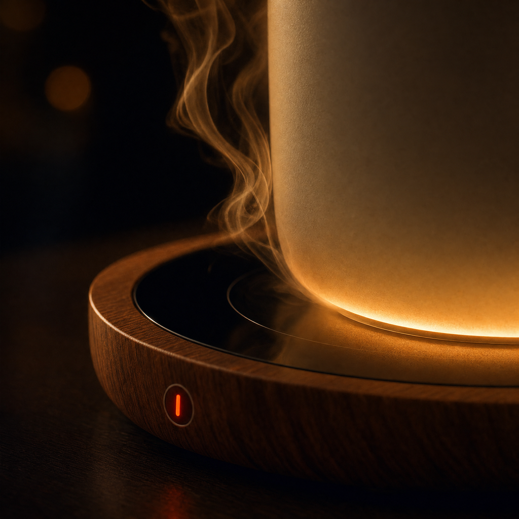 Macro of steam curling off a cream mug resting on the Lumidusk Sip warmer, warm amber light spilling from under the mug