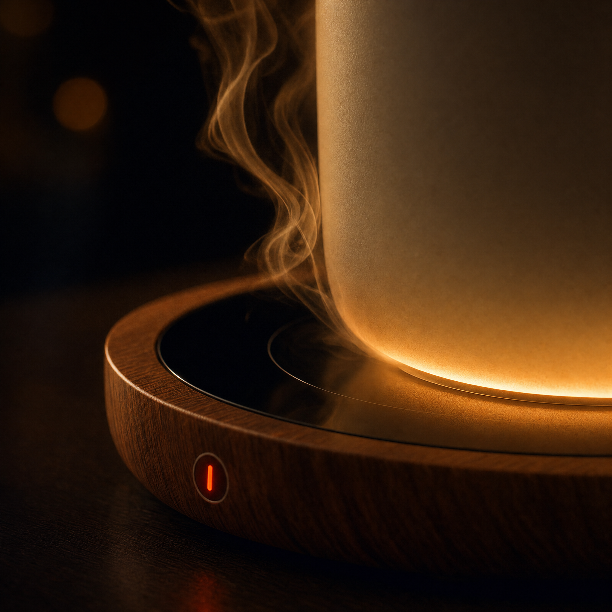 Macro of steam curling off a cream mug resting on the Lumidusk Sip warmer, warm amber light spilling from under the mug